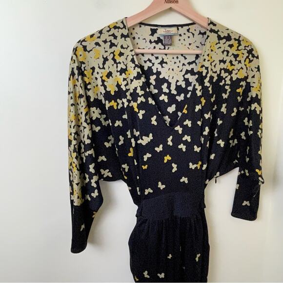 Issa London Black & Yellow Butterflies Cinch Waist Belted Dress SZ 4 - Picture 3 of 11